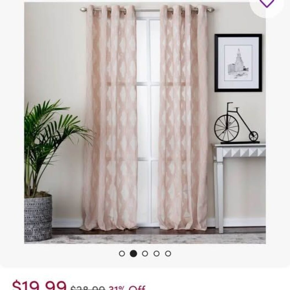Two linen-blend blush pink embroidered curtain panels, 50x84, EUC